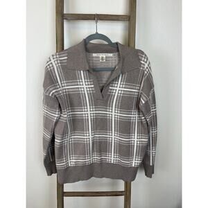 Max Studio Women’s Plaid Tan White Polo Collared Split Hem Lightweight Sweater M